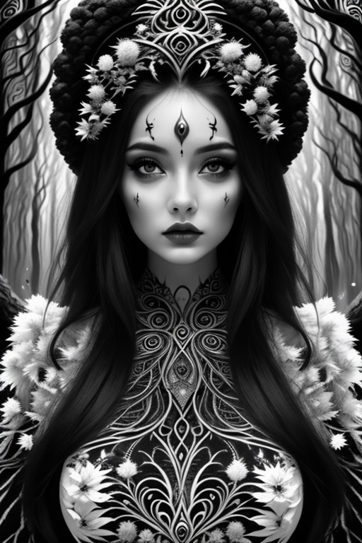 woman in a mythical forest, masterpiece, perfect face, intricate details, horror theme <lora:MonoCream:1> monocream, black...